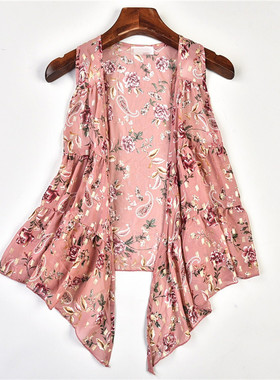 外贸夏季新款衬衫女329L68732时尚田园碎花薄款A字型无袖开衫小衫