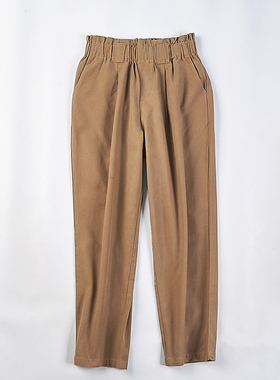 76纯棉卡其色休闲哈伦裤女H77187春夏花苞高腰宽松显瘦小个子长裤