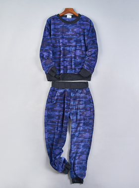 62珊瑚绒印花家居服套装男女79930春秋冬毛绒上衣+束脚长裤两件套