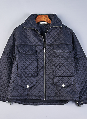 1013韩版复古菱形格纹绗缝棉服女H77273立领宽松拉链保暖棉衣外套