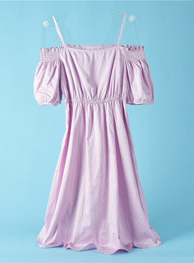 一字肩吊带连衣裙女8.6L70517泡泡袖收腰初恋裙女学生夏温柔裙子