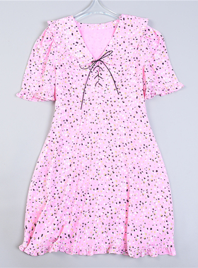 女生精品碎花雪纺连衣裙6.29L79450甜美粉色翻领荷叶边高腰中长裙