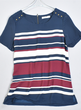77外贸大码撞色条纹雪纺短袖T恤女82123夏季圆领套头休闲百搭上衣