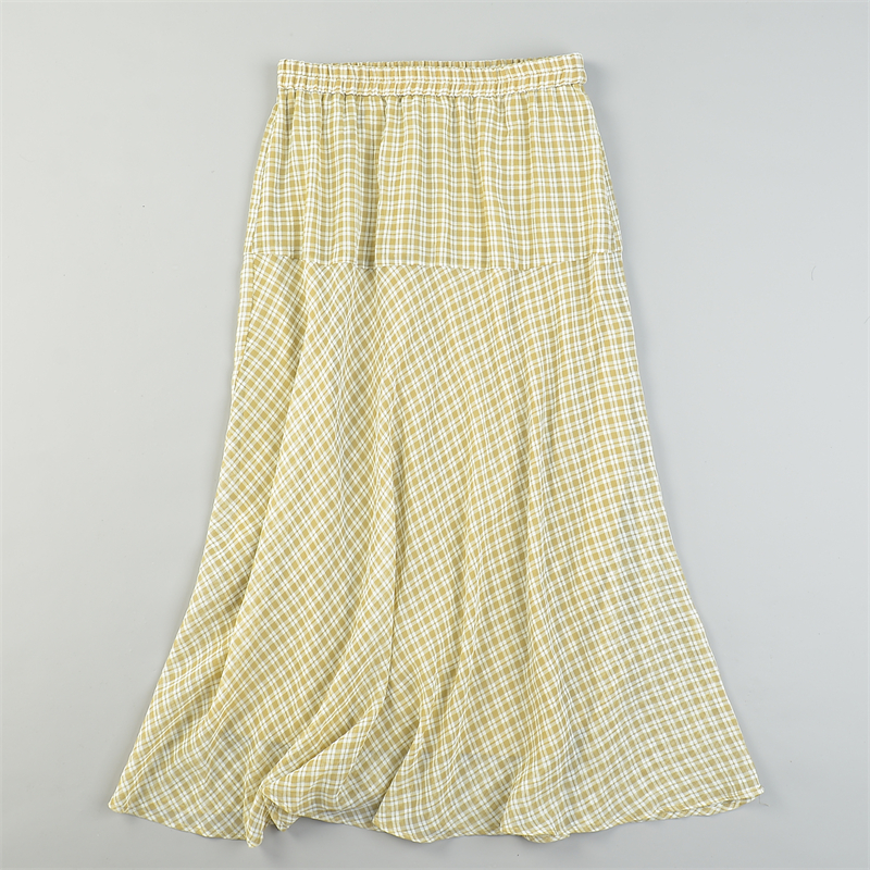 日单柔美棉纱质条格半身裙84152修腿型显瘦遮肉夏秋季A字大摆长裙