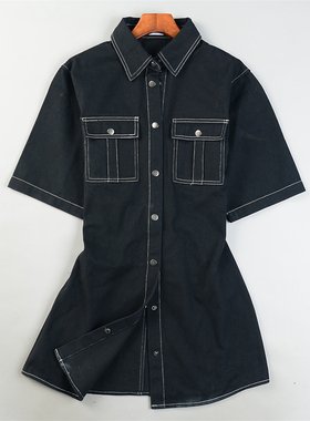 高品质纯棉中长款黑色牛仔衬衫裙女L85564春夏新款半袖收腰连衣裙