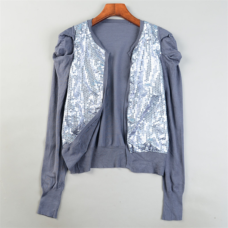 外贸亮片拼接短款开衫外套女L85061春秋复古甜美泡泡袖圆领针织衫,女装/女士精品,毛针织衫,淘宝优惠券,粉丝福利购,淘宝优惠卷