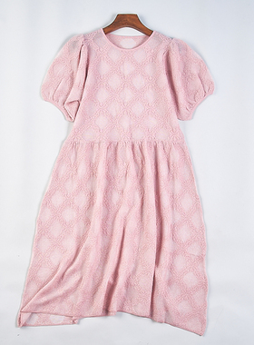 224纯色蕾丝泡泡短袖连衣裙女76693韩版镂空钩花圆领高腰公主长裙