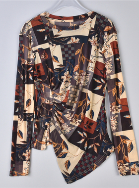 韩版网纱修身长袖T恤女9.2L75451不规则抽褶印花纯色春秋打底上衣