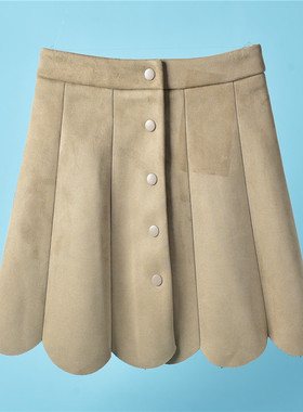65精品好货韩版麂皮绒半身裙70557单排扣一片式花瓣摆高腰中短裙