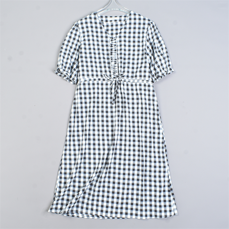 日单学院风格子连衣裙5.20L82746系带高腰木耳边泡泡袖春夏中长裙