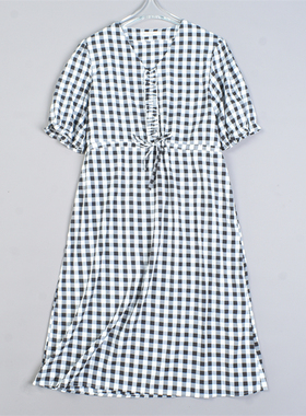 日单学院风格子连衣裙5.20L82746系带高腰木耳边泡泡袖春夏中长裙