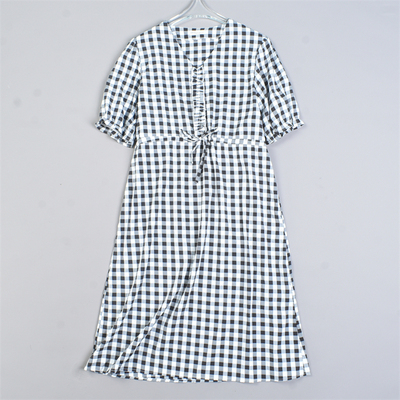 日单学院风格子连衣裙5.20L82746系带高腰木耳边泡泡袖春夏中长裙