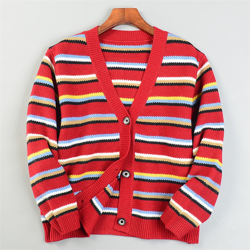 精品韩版拼色条纹针织开衫女L85384宽松休闲秋冬外穿内搭毛衣外套