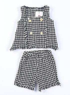 外贸千鸟格童装套装5.20H74268新款儿童双排扣马甲短裤休闲两件套