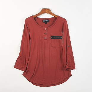 超柔人棉上衣 弹力修身 精品外贸纯色半开圆领八分袖 T恤女84923秋季