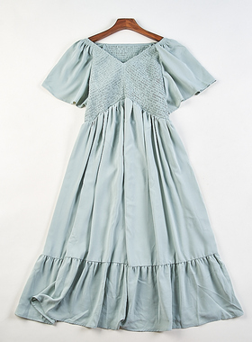 高端好货法式V领纯色短袖连衣裙女83868夏秋季修身显瘦荷叶边长裙