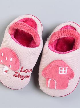 46男女儿童卡通刺绣针织棉拖L80422加绒保暖防滑跟秋冬居家拖鞋子