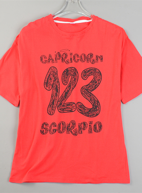 精品红色纯棉印花短袖T恤男女L85184宽松落肩袖春夏日常休闲上衣