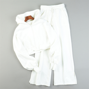 日单加绒卫衣卫裤两件套女L84251连帽落肩袖开叉阔腿裤短外套套装