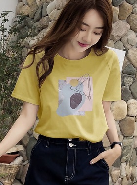 纯棉圆领个性几何印花T恤女420H78550夏宽松正肩短袖百搭休闲上衣