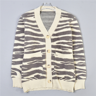 511韩版 女78519胖MM大口袋显瘦上衣春秋外套 宽松斑马条纹针织开衫