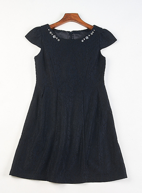 日单法式赫本风钉珠短袖连衣裙H84291夏秋修身显瘦黑色蕾丝中短裙