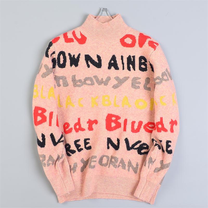 46美式半高领字母印花针织衫男女L80477潮流青年秋冬外穿打底毛衣