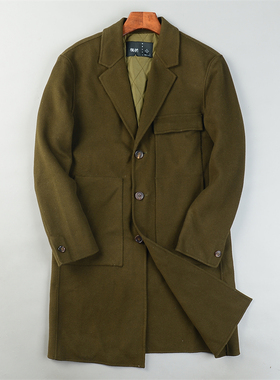 精品潮男经典复古军绿色毛呢大衣L85519西装领秋冬中长款羊毛外套