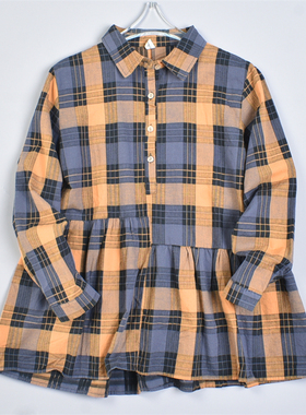 韩版全棉方格衬衫女4.29L81950高腰裙摆遮腹显瘦春夏百搭长袖上衣