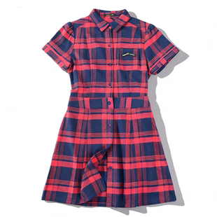 裙休闲复古学院中裙 连衣裙86189收腰A字衬衫 日单夏季 纯棉格纹短袖