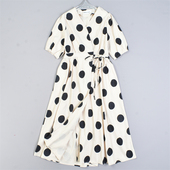 大波点短袖 韩版 一片式 连衣裙5.13L82418夏V领系带高腰显瘦A字长裙