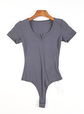 欧美紧身显瘦打底连体衣短袖高弹力T恤83042夏季性感修身连裆上衣