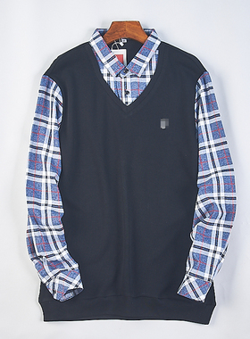 922男士学院风假两件针织马甲格子衬衫76820秋冬时尚休闲长袖上衣