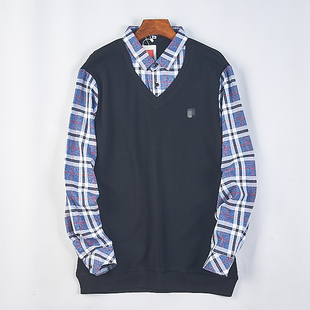 休闲长袖 76820秋冬时尚 上衣 学院风假两件针织马甲格子衬衫 922男士