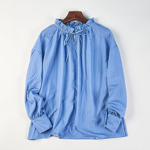 日单大码女装条纹系带衬衫H85621木耳边立领宽松显瘦蝙蝠长袖上衣