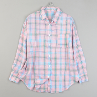 新款 韩版 女L84368夏秋季 衬衫 百搭单口袋通勤休闲上衣 宽松格子长袖