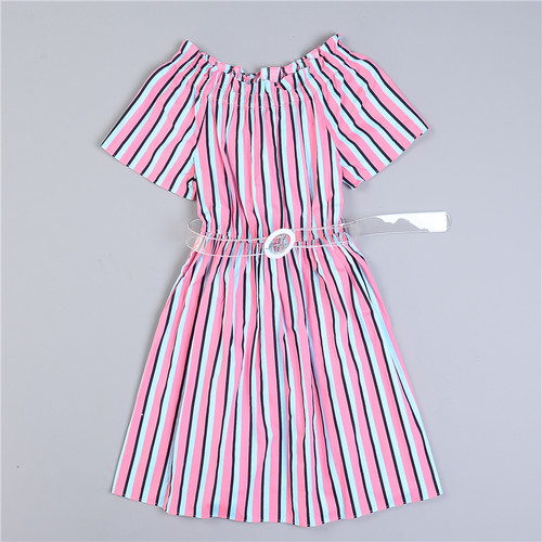 全棉条纹一字肩连衣裙显瘦A字裙