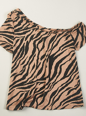 外贸印花短袖T恤女4.8H73328夏斜领性感修身单露肩打底衫精致上衣