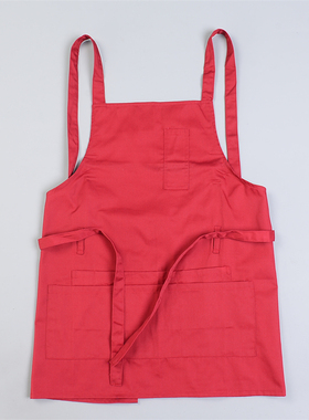 621日单红色中长款厨房围裙79123咖啡店员工罩衫画室多口袋反穿衣