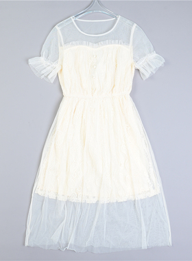 216法式网纱蕾丝短袖连衣裙L79623夏季甜美小众高腰A字超仙女长裙