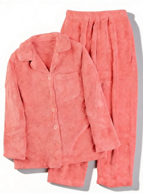 日单保暖珊瑚绒睡衣套装女L85933秋冬翻领长袖宽松直筒长裤家居服