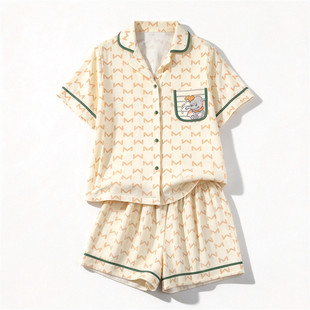 卡通印花短袖上衣短裤家居服睡衣套装女L87580春夏季可外穿两件套