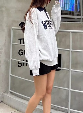 日单潮牌学院风刺绣翻领卫衣男女L84317宽松文艺休闲风减龄长袖衫