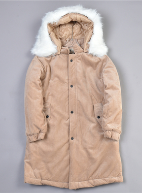 522复古风灯芯绒棉衣女77222秋冬连帽毛领加厚中长款派克棉服外套