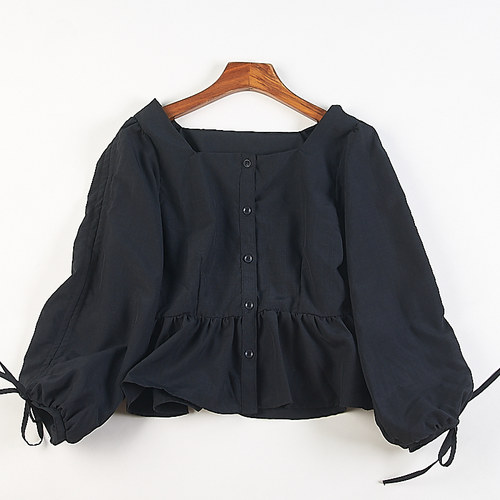 外贸日单复古风褶皱袖口雪纺衫女