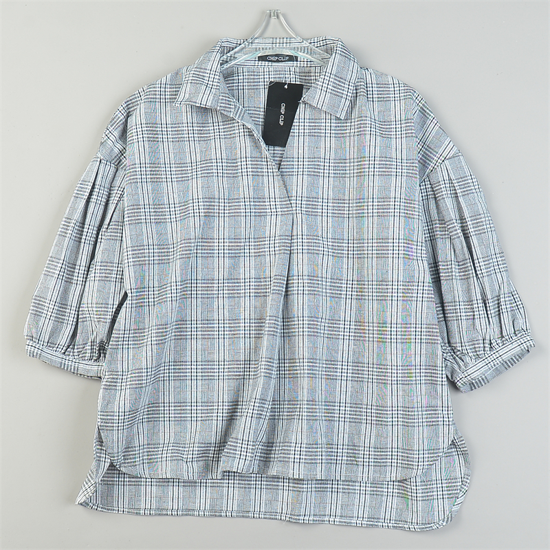 日单精品经典格纹套头衬衫女L84622夏秋复古文艺宽松落肩半袖上衣