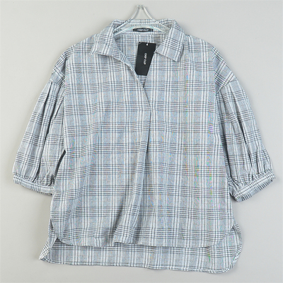 日单精品经典格纹套头衬衫女L84622夏秋复古文艺宽松落肩半袖上衣