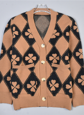 511宽松大码毛衣女针织开衫78520春秋显瘦洋气胖MM加厚格子短外套