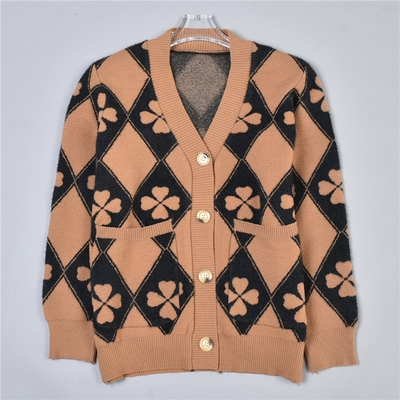 女生四叶花菱形格针织长袖开衫