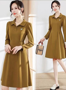 韩版纯色时装长袖连衣裙女415H82287春秋半开翻领修身包臀A字中裙